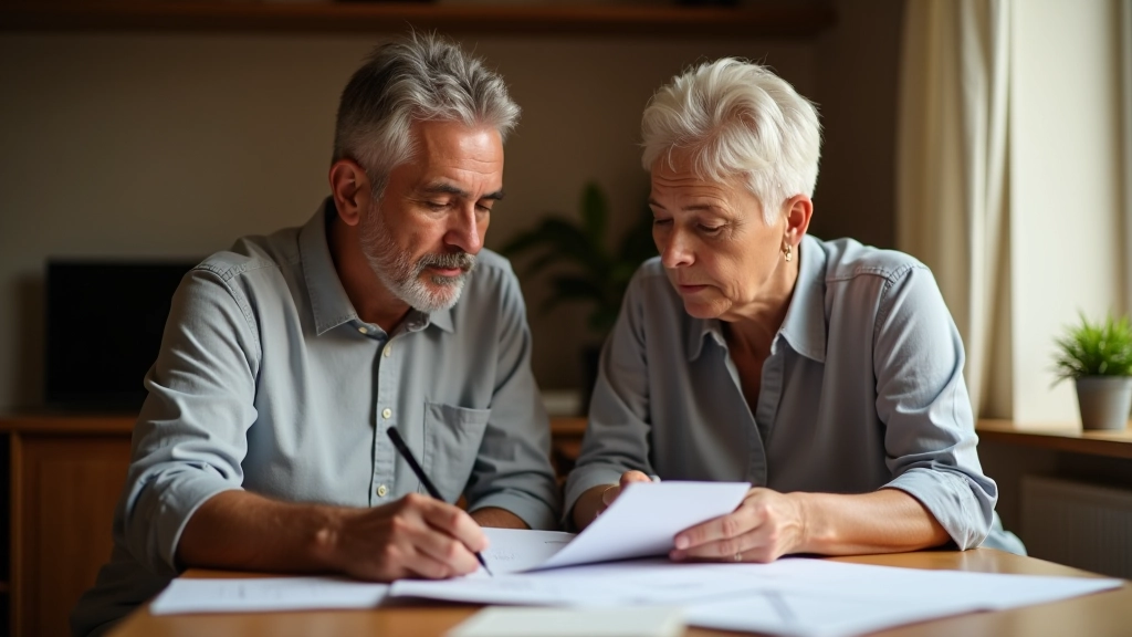Couple in their 50s reviewing financial documents and retirement planning notes together
