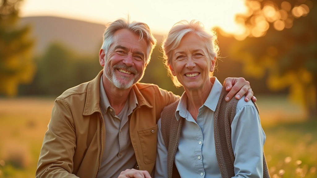 Couple aged 50s walking together outdoors, holding hands, natural landscape background