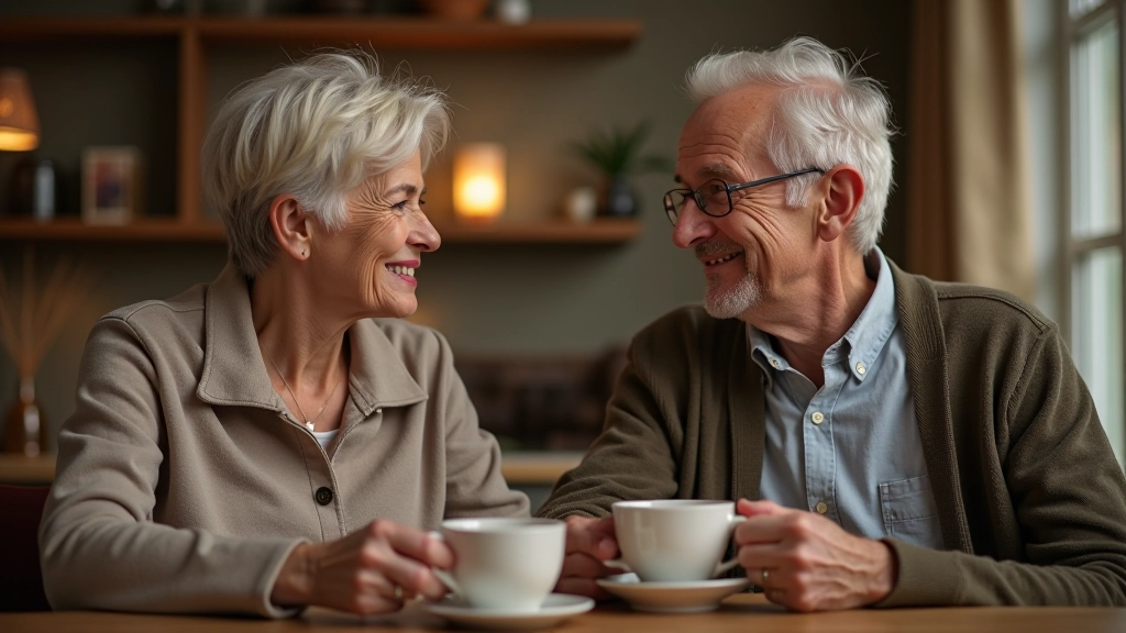 Couple in their 50s having a conversation over coffee at home, relaxed and engaged, natural warm lighting, intimate conversation moment