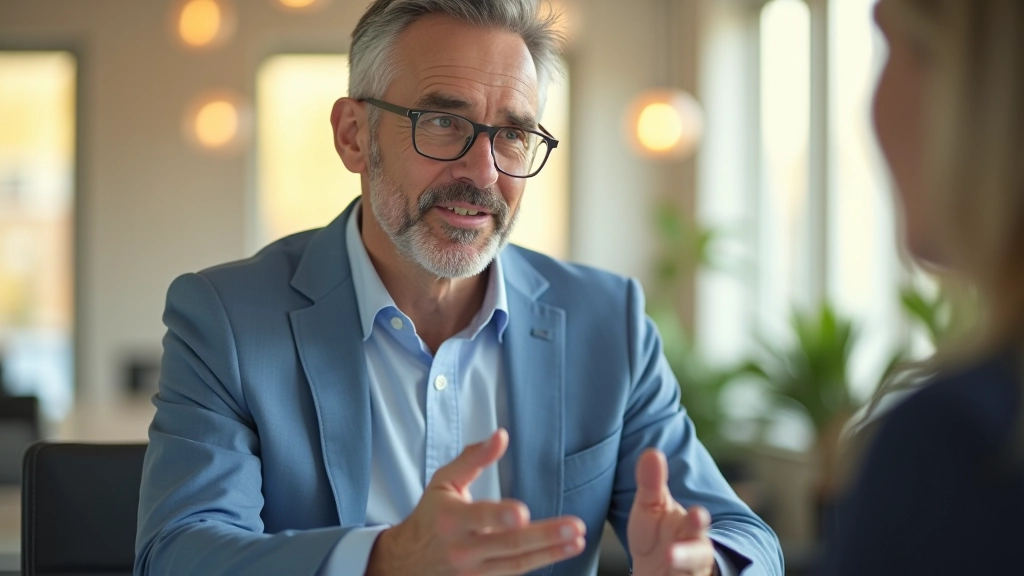 Life coach in professional office environment engaged in coaching conversation
