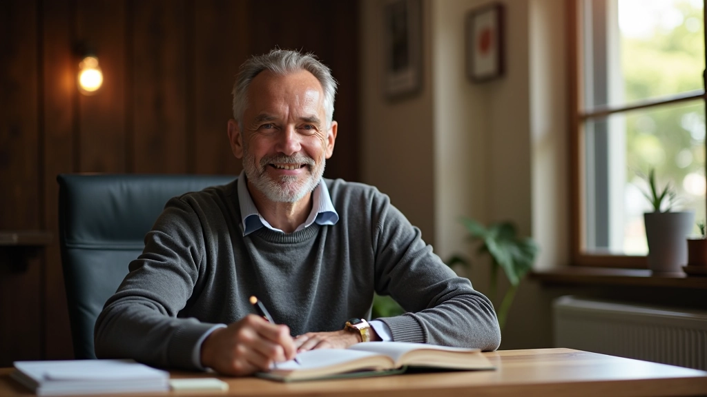 Man in his 50s reading in a quiet study room with warm lighting, surrounded by books and meaningful personal items