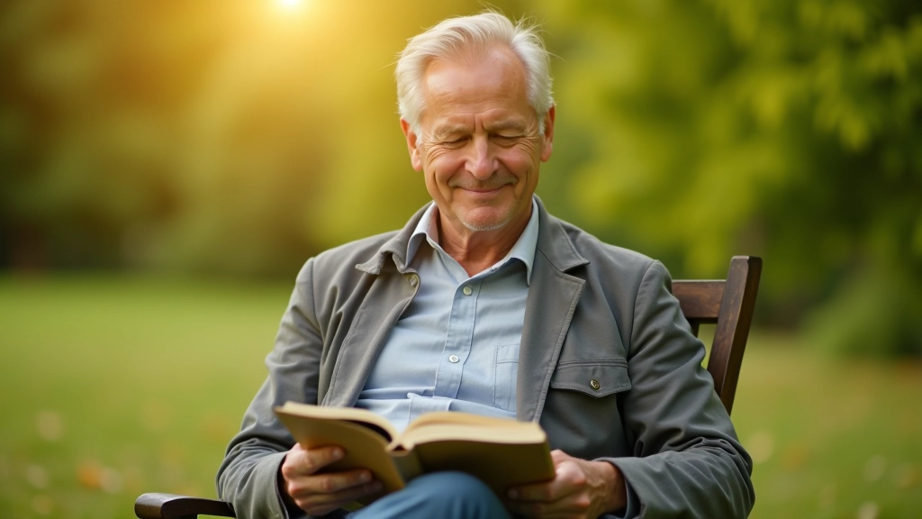 Man aged 50 reading a book outdoors in a park, peaceful setting with natural light