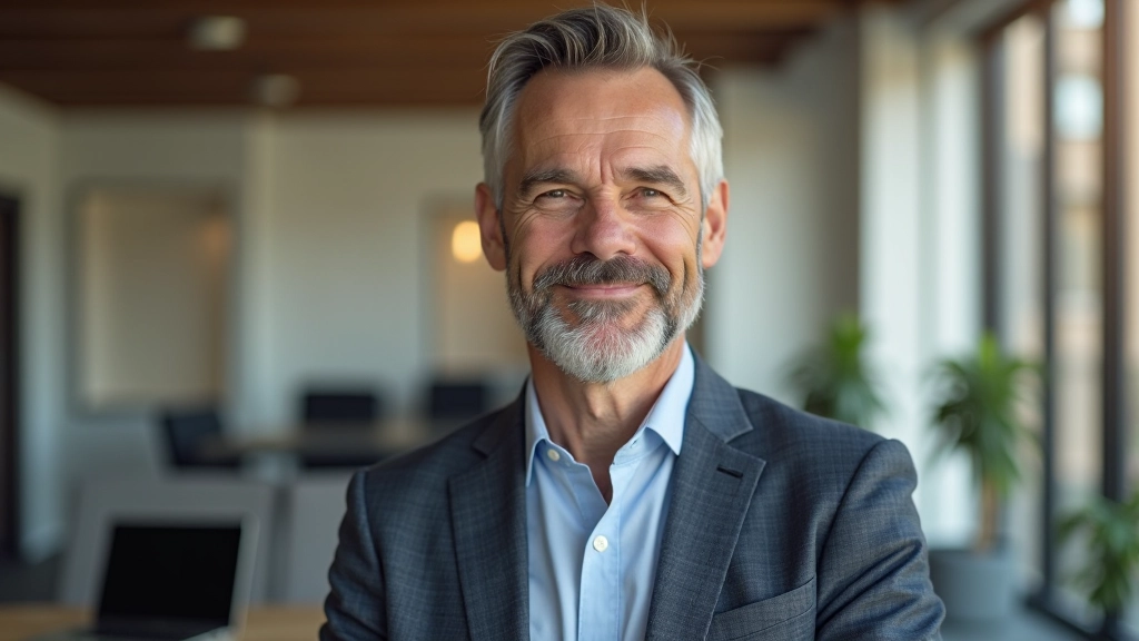 Professional photo of realistic man aged 50, fully clothed in casual smart clothing, upper body shot from chest up, confident and thoughtful expression, modern office setting, natural soft lighting, sharp focus, NO text, NO watermarks