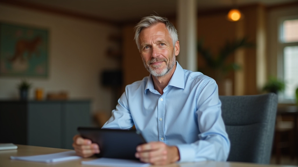Man in his mid-50s looking at a calendar and planning schedule on a tablet device, seated comfortably, professional attire, home setting with natural light