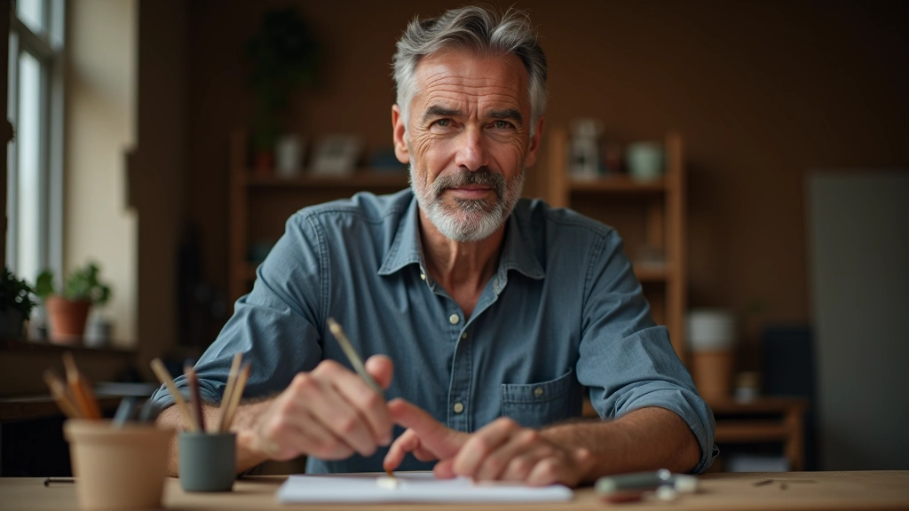 Man in his mid-50s exploring a new hobby in a creative workshop setting