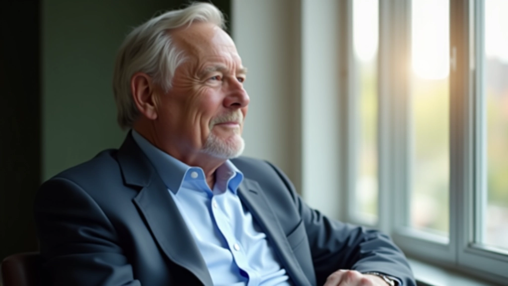 Professional man in his 50s sitting by a window, reflecting with coffee cup on the table