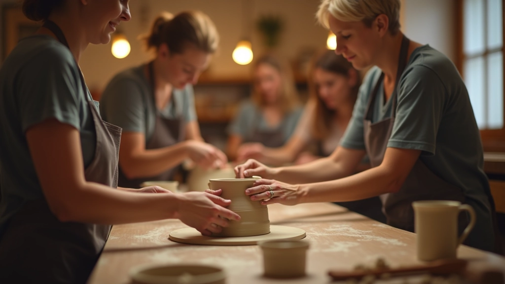 Group of mature adults in a pottery class, hands working with clay, warm studio lighting