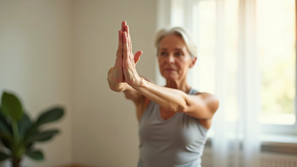 Professional photo of realistic person aged 48, fully clothed in casual activewear, stretching or practicing yoga indoors, natural window light, bright and peaceful home environment, upper body visible, peaceful expression, sharp focus, NO text, NO watermarks