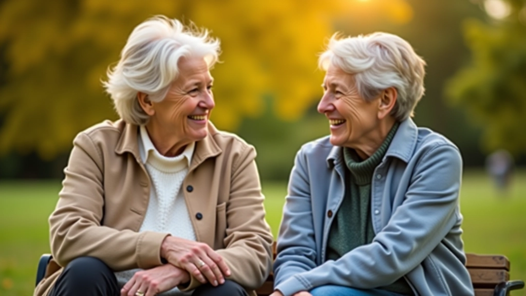 Two friends aged 45+, fully clothed in casual comfortable clothing, sitting together outdoors in a park, engaged in conversation, warm natural daylight, relaxed body language, sharp focus, NO text, NO watermarks