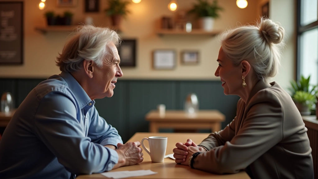 Two people aged 50+ having a conversation in a bright café, leaning in attentively, warm atmosphere