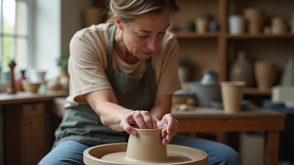 Woman aged 50+ working with clay at a pottery wheel in a bright studio, focused expression, hands actively creating