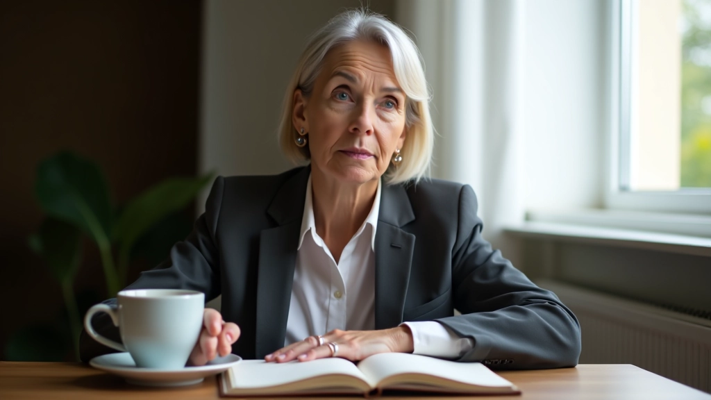 Woman in her 50s sitting at a desk with a journal and coffee, contemplating life changes