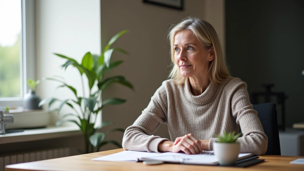 Thoughtful woman in her early 50s sitting at a desk with notebook and pen, looking out a window, contemplative expression, natural morning light, sharp focus