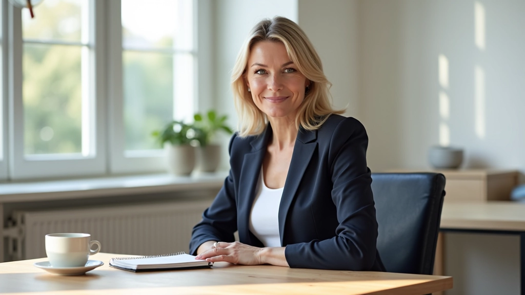 Woman in her 50s at home office desk, contemplating next life chapter with notebook and coffee