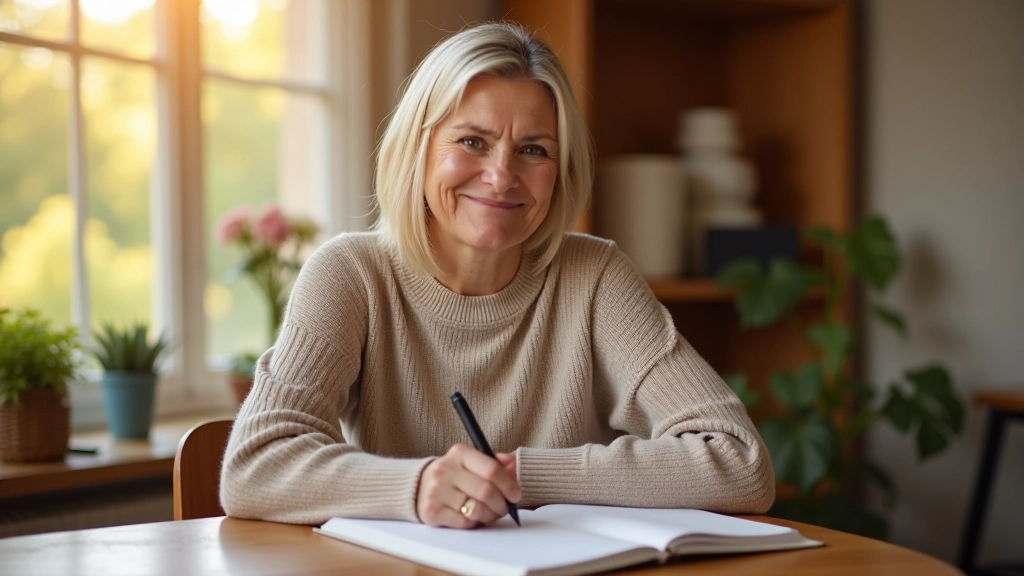 Woman in her 50s writing in a journal at a cozy table with a cup of tea, natural window light, reflective and peaceful atmosphere