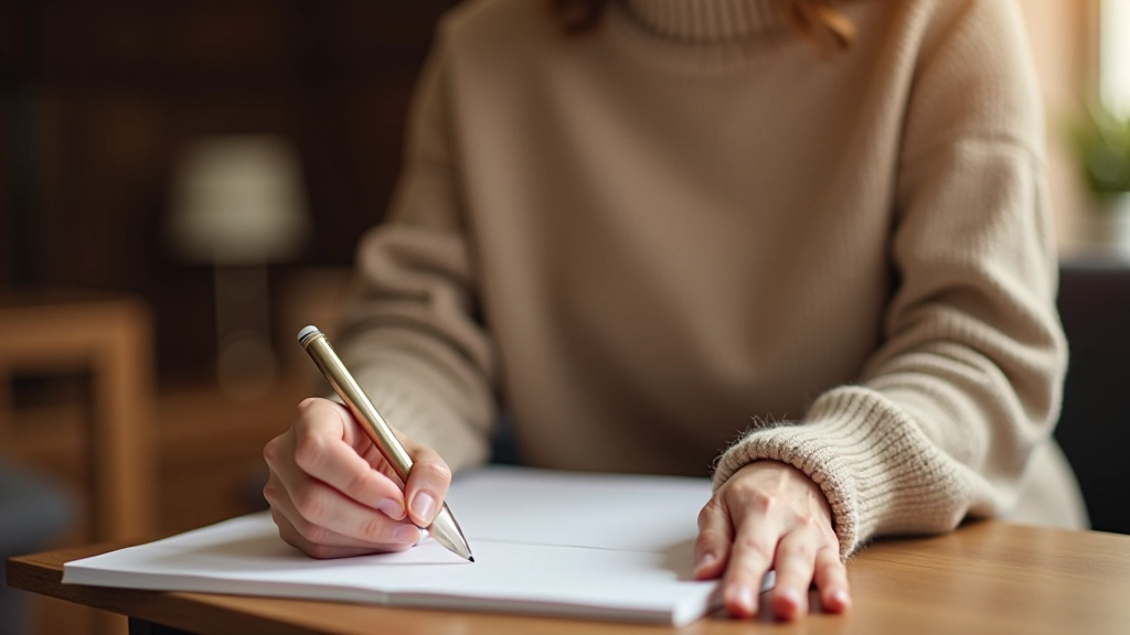 Woman in her 50s writing in a journal at a wooden table with warm lighting