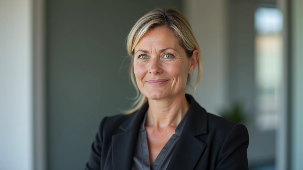Professional photo of realistic woman aged 52, fully clothed in professional attire, portrait shot from chest up, thoughtful expression, modern minimalist background, natural indirect lighting, sharp focus, NO text, NO watermarks